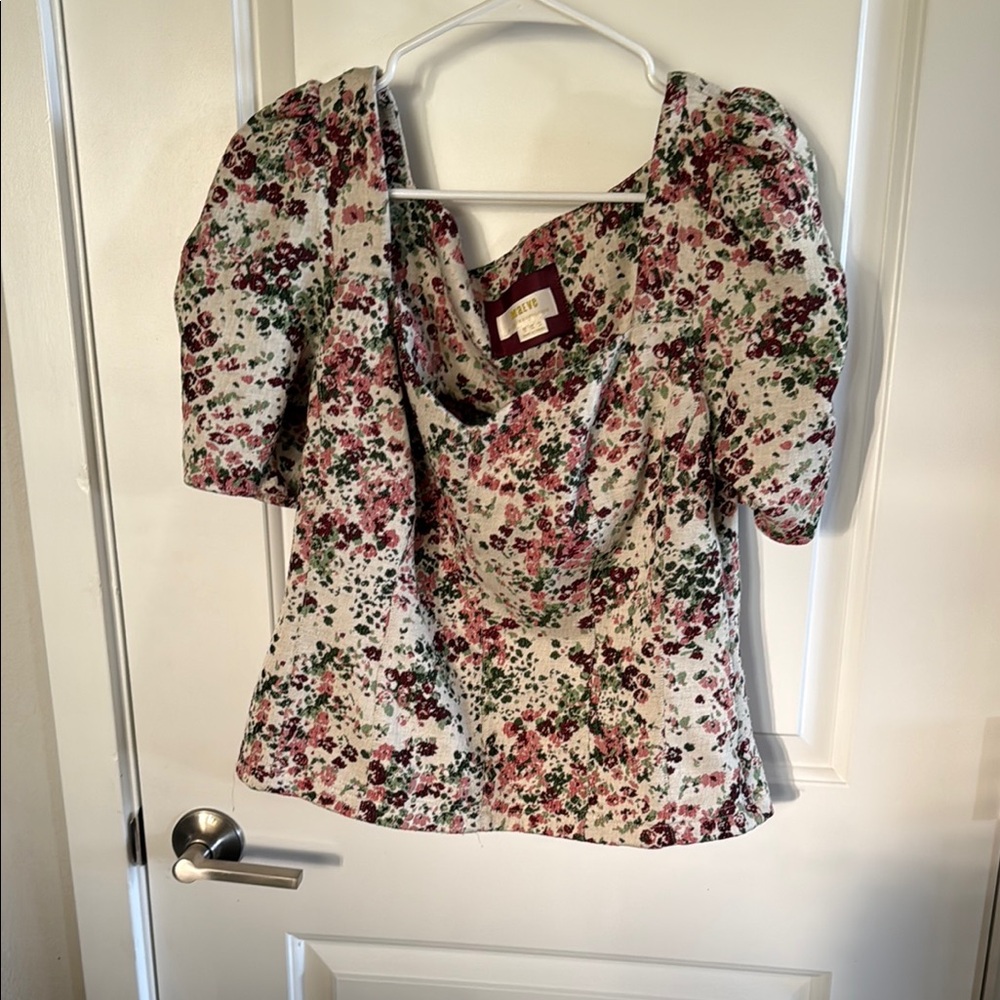 Maeve Pink and Red Puff Sleeve Blouse with Peter Pan Collar